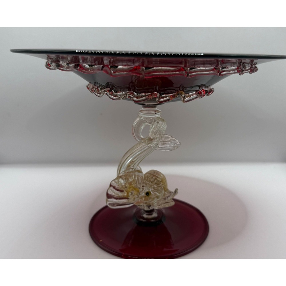 Murano Style Ruby Red Art Glass Compote Dolphin Stem Gold Aventurine 8 Inch